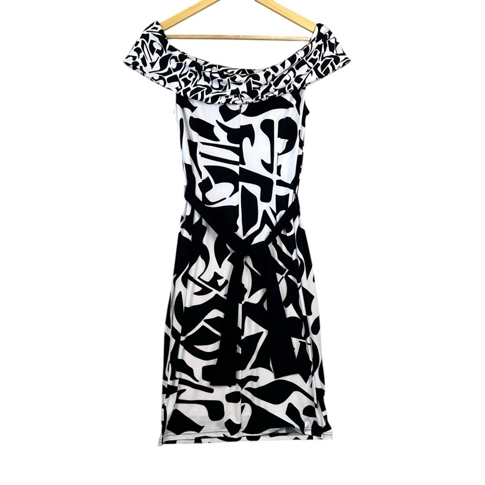 Joseph Ribkoff dress black-white Off-shoulder silhouette pattern Sz 6 - Picture 6 of 13